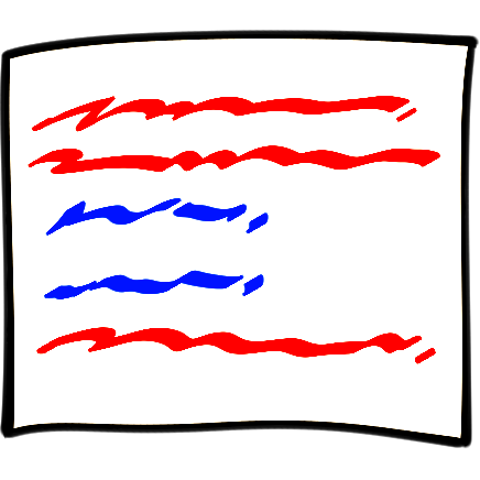 a high-constrast symbol of a piece of paper with two long red lines of wiggly 'writing,' two short blue lines of wiggly 'writing,' and then one red line of wiggly 'writing'.